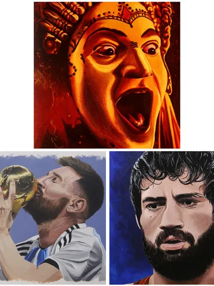 A collage of my top three favorite paintings from 2023. This includes the 'Kantara' piece, the Messi portrait, and the Ravi Dahiya painting.