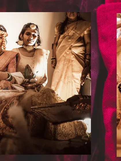 A collage capturing the traditional rituals and family participation in a Haldi ceremony.