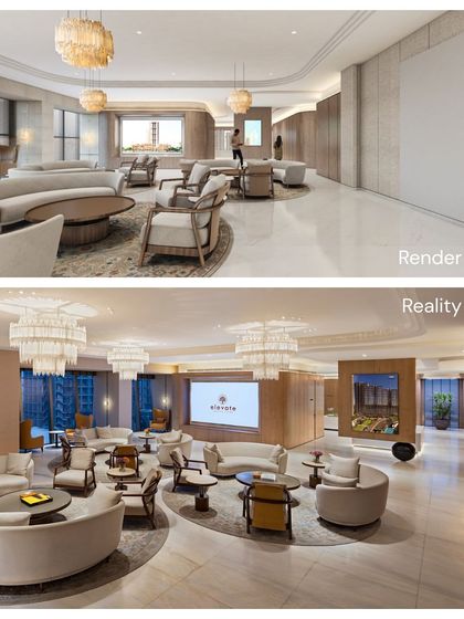 A render-to-reality comparison of the CILP Sales Lounge. The final space perfectly captures the intended atmosphere of refined comfort, with layered lighting and circular seating arrangements.