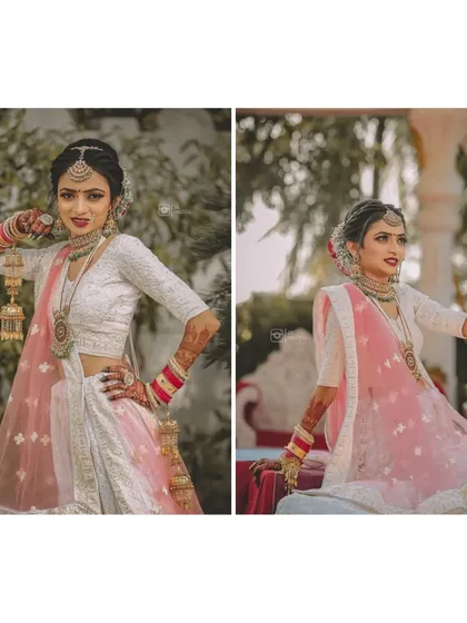 A diptych of bridal poses, showing off the beautiful white and pink lehenga and the traditional kalire. I work with brides to capture a variety of stylish and classic shots.