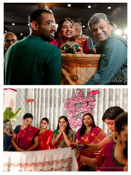 A collage showing the bride's grand entrance in a palanquin and the emotional reactions of her family.