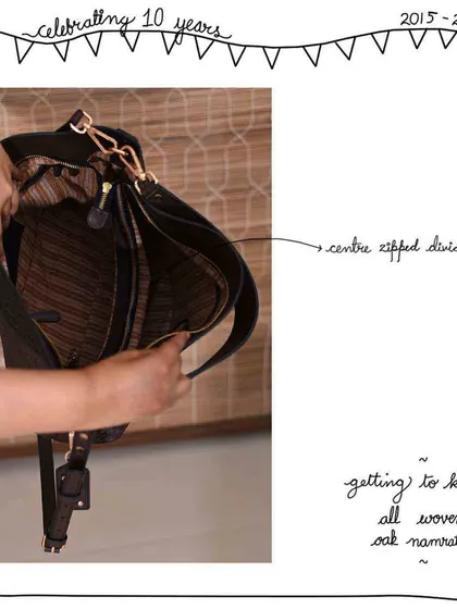 A look inside the All Woven Oak Namrata, showing the center zipped divider that helps keep this large hobo bag organized.
