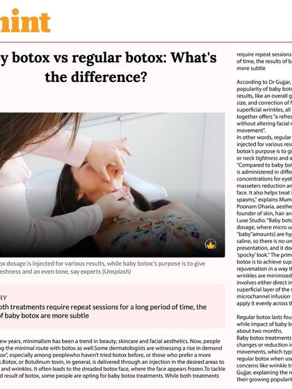 I was pleased to share my expertise with Mint on the topic of "Baby Botox." This technique uses micro-doses of botulinum toxin for a very subtle, natural rejuvenation. It's an excellent option for those new to injectables or who want to achieve a refreshed look without altering facial movement.