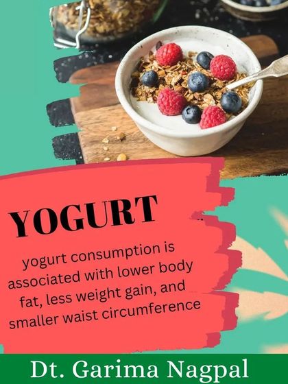 Yogurt is a fantastic food for weight management. As this graphic explains, regular yogurt consumption is associated with lower body fat, less weight gain, and a smaller waist circumference.
