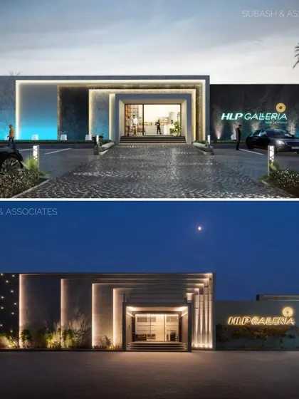A side-by-side comparison of the 3D architectural rendering and the final photograph of HLP Galleria. This demonstrates our commitment to executing a design vision with precision, from digital concept to physical reality.