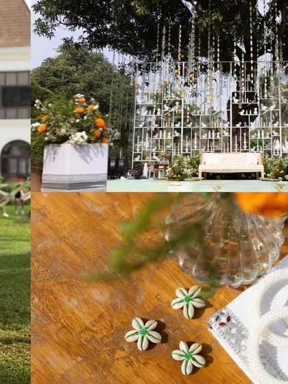 A collage of the intricate decor details from the Haldi ceremony, including the beautiful seating area and floral arrangements.