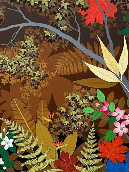 A close-up of a vibrant painting by Ganapati Hegde, whose dreamlike world layered with meaning and magic was a highlight of our travelling exhibition.