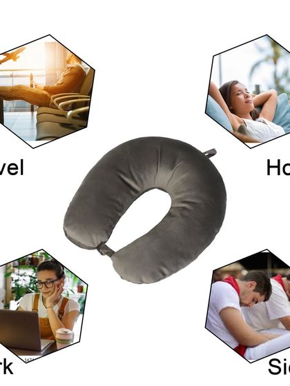 A usage-based infographic for a travel neck pillow, showing it's perfect for travel, home, work, and siestas. This helps customers imagine using it in their own lives.