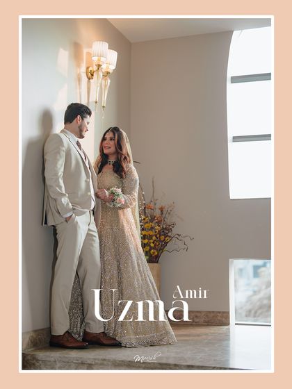 A beautifully styled portrait of the engaged couple, Uzma and Amir, looking like the cover of a romance novel.