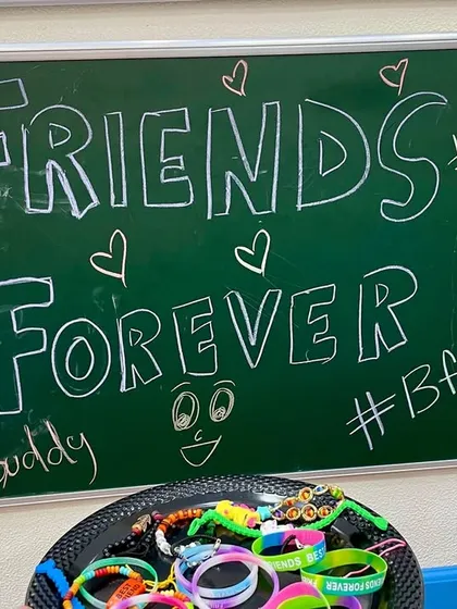 Friends Forever. Our Friendship Day setup, complete with a board of positive affirmations and colourful friendship bands, ready for the children to share with their buddies.