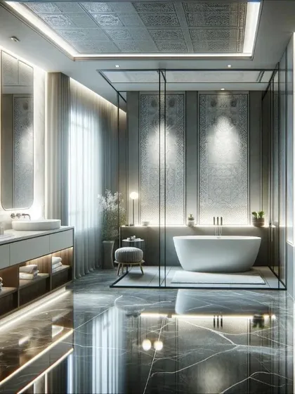 This design uses dramatic, dark marble floors and intricate wall panels to create a moody and sophisticated atmosphere. The under-vanity and ceiling cove lighting add layers of warm, ambient light.