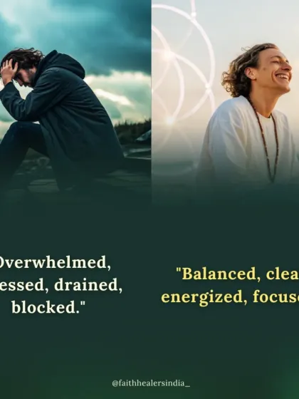 This image shows the shift. On the left is the feeling of being overwhelmed and drained by life's stresses. On the right is the feeling after Reiki: balanced, clear, energized, and focused.
