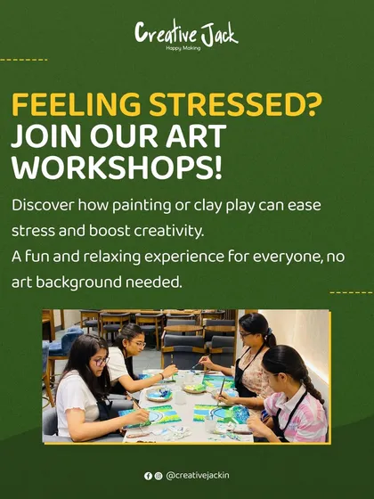 Feeling stressed? This graphic encourages you to join my art workshops, a fun and relaxing experience for everyone with no art background needed.