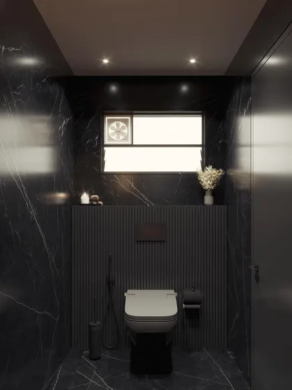 The toilet area for the black marble concept, showcasing a sleek, wall-mounted fixture and maintaining the dark, moody, and luxurious atmosphere of the space.