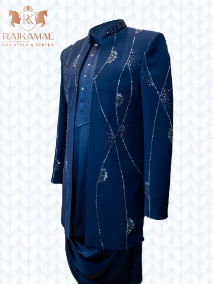 A side profile of the navy blue open Indo-Western set, showing the drape of the cowl kurta and the elegant lines of the jacket.