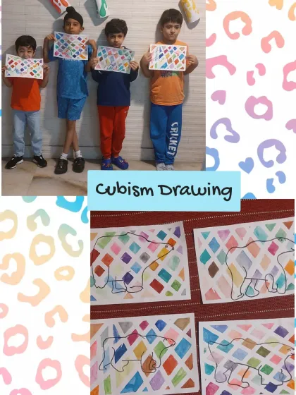 A collage showcasing the cubism drawings from our Arctic Habitat theme. The boys proudly display their unique artworks, which were inspired by our discussion on polar animals and their environment.