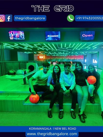 A group of friends sitting at our bowling alley.