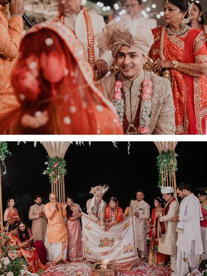A collage showing the groom's first look at his bride and the family participating in the havan. We document the ceremony from multiple perspectives to tell a complete story.
