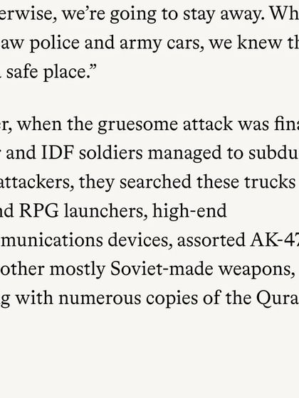 Another extract from the same article, noting that copies of the Quran were found along with RPGs and AK-47s in the attackers' trucks. The motivation is clear.