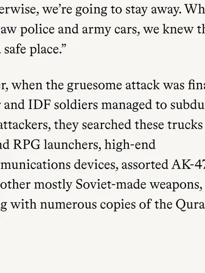 Another powerful excerpt from the article on the festival attack. The discovery of weapons and copies of the Quran among the attackers' belongings clearly indicates the ideological motivation.