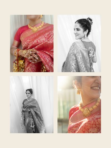 A beautiful collage of bridal portraits, mixing color and black and white. It captures the bride's elegance, her joyful smile, and the details of her traditional saree.