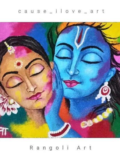 This Radha-Krishna portrait is one of my most detailed freehand rangoli works. I use fine-grain colored powders to create soft shading and emotional expressions, making it a centerpiece for any spiritual event or celebration.