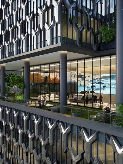 A detail of the corporate headquarters' dynamic facade, which perfectly blends aesthetics with engineering precision. Stepped terraces with integrated greenery create a lively visual rhythm, offering elevated views across the urban landscape.