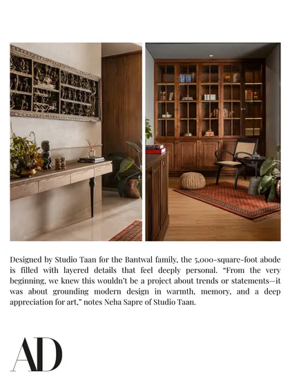 This diptych from Architectural Digest highlights the layered, personal details of The Collector's Retreat, from the entryway art to the custom library.