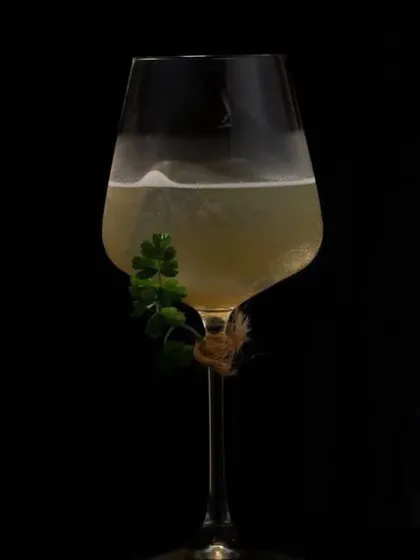 An elegant, minimalist cocktail in a wine glass, garnished with a single sprig of parsley tied to the stem. This understated approach highlights the quality of the drink itself.