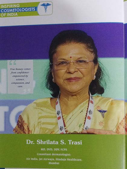 This is from a feature on Dr. Shrilata S. Trasi in 'Inspiring Cosmetologists of India'. It recognizes her as a leading consultant dermatologist, with a quote that reflects her philosophy: "True beauty comes from confidence, empowered by science, compassion, and care."