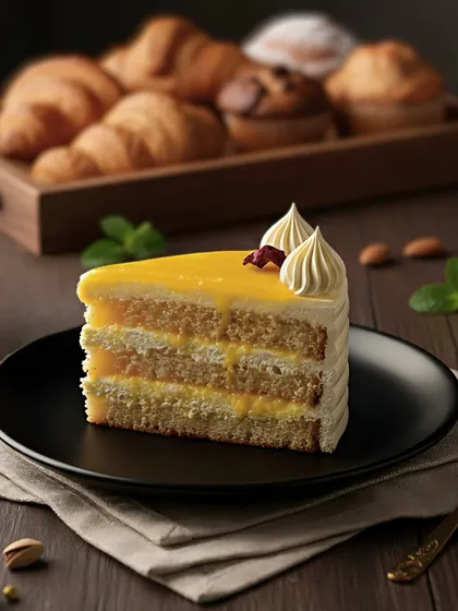 A perfect slice of our pineapple pastry. This dessert features fluffy sponge cake layered with creamy frosting and a sweet pineapple glaze, making it an ideal cafe treat.