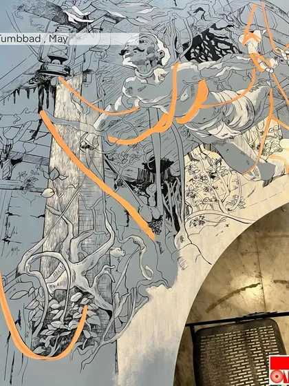 'Tumbbad', a complex, monochrome mural inspired by the film, featured in my art yearbook. This piece was created for a production house and captures the movie's dark, mythical world.