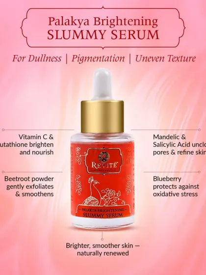 My Palakya Brightening Slummy Serum is designed for dullness and uneven texture. It brightens with Vitamin C, exfoliates with Mandelic and Salicylic Acid, and protects with Blueberry extract for naturally renewed skin.