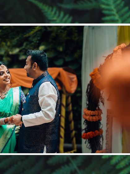 A candid moment between a couple during their wedding ceremony, presented in a modern, album-style layout.