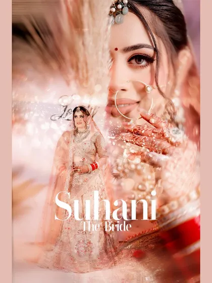 A modern and stylish bridal portrait with graphic text, perfect for a wedding album cover or a social media announcement.