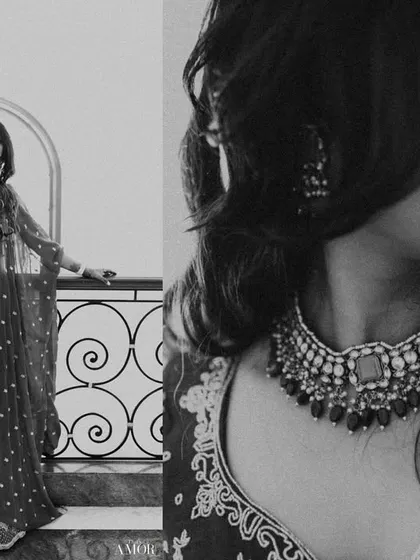 A black and white collage of bridal portraits, showing both a full-length shot and a close-up of her profile and jewelry.