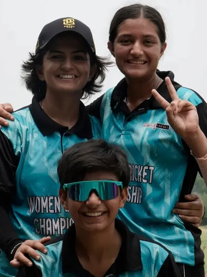 Smiles and victory signs all around. Three of our players celebrate their semi-final win, showcasing the joy and camaraderie that comes with succeeding as a team in a competitive tournament.