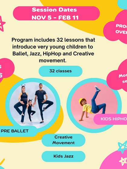 An overview of our program for ages 2.8 to 5, which includes 32 lessons in Pre Ballet, Kids Jazz, Hip Hop, and Creative Movement.