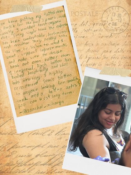 A handwritten note from a 3-year loyal client, recommending our studio for quality work and a trustworthy, long-term artist relationship.