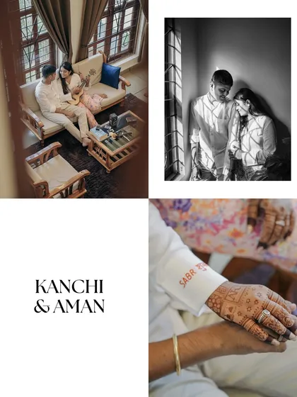 This collage highlights the personal details of a couple's story. From the "Sabr" (patience) embroidered on the cuff to the henna-adorned hands, it's a beautiful narrative of their journey.