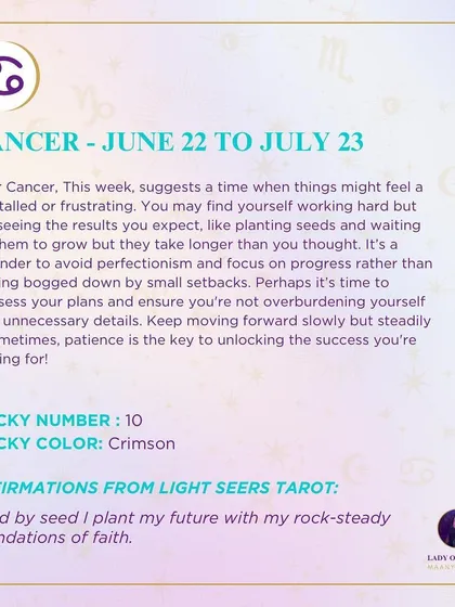 A weekly tarot forecast for Cancer. This week might feel a bit stalled or frustrating. It's a reminder to avoid perfectionism and focus on progress rather than getting bogged down by small setbacks. Patience is the key.