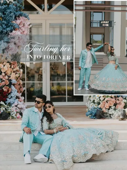 "Twirling her into forever." This collage captures the playful and romantic moments from a Haldi carnival, from dancing to quiet moments on the steps, all set against beautiful floral decor.