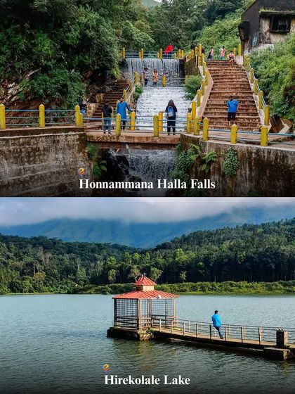 More sights from Chikmagalur: the accessible Honnammana Halla Falls and the picturesque Hirekolale Lake with its lakeside gazebo.