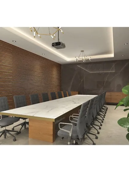 Another view of the conference room rendering. The design includes a dark marble feature wall and modern brass light fixtures, adding a touch of luxury to the corporate space.