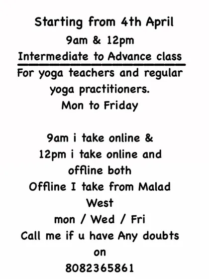 Details for my April batches, including timings for intermediate and advanced classes, both online and offline. You can always call me if you have any doubts.