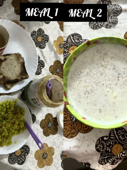 Meals from Day 27 of my challenge. You can see simple 'ghar ka khana' like poha, toast, and dahi. This is the kind of realistic diet I build for my clients.