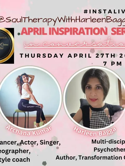 An announcement for an Instagram Live conversation with psychotherapist Harleen Bagga. I enjoy engaging in public dialogues about art, life, and the creative process.