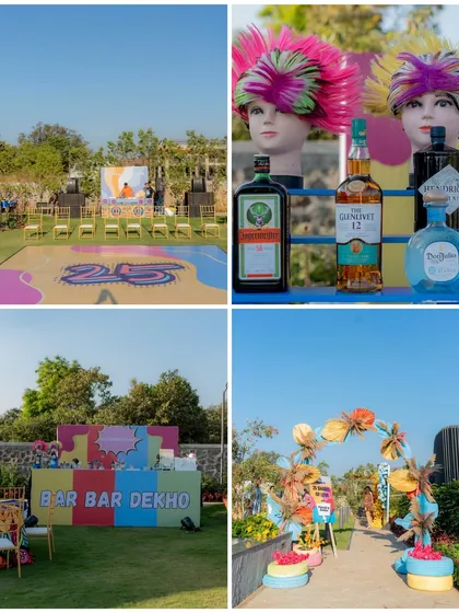 "Bar Bar Dekho!" This fun and colorful bar setup was for a 25th-anniversary party. The theme was playful and vibrant, and our bar design reflected that perfectly.