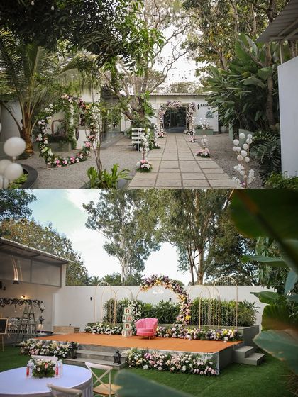 A collage showing a baby shower setup at The Backyard. The floral decorations on the pathway and the beautifully decorated stage create a charming and elegant event space.