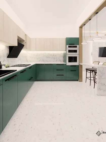 This kitchen design shows how a bold color choice can create a stunning result. I paired deep green cabinetry with light wood uppers and a classic white marble backsplash and countertop, creating a functional and visually dynamic open-plan kitchen.